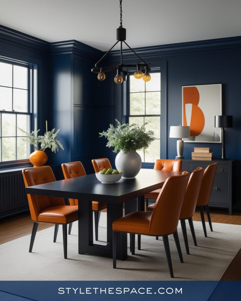 Navy Blue Dining Room with Burnt Orange Accents