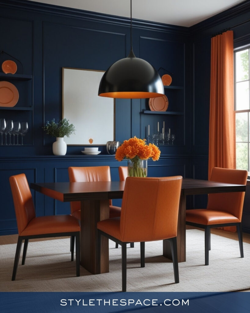 Navy Blue Dining Room with Burnt Orange Accents
