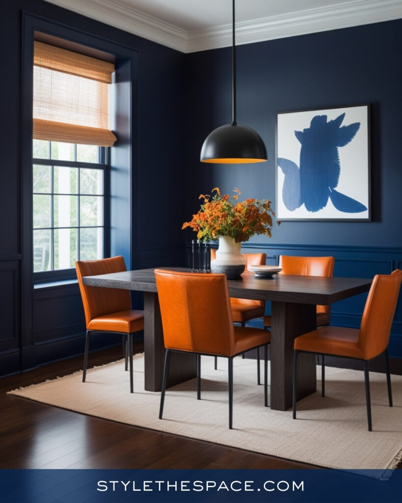 Navy Blue Dining Room with Burnt Orange Accents