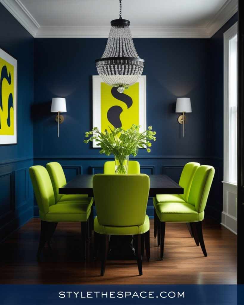 Navy Blue Dining Room with Chartreuse Green Accents
