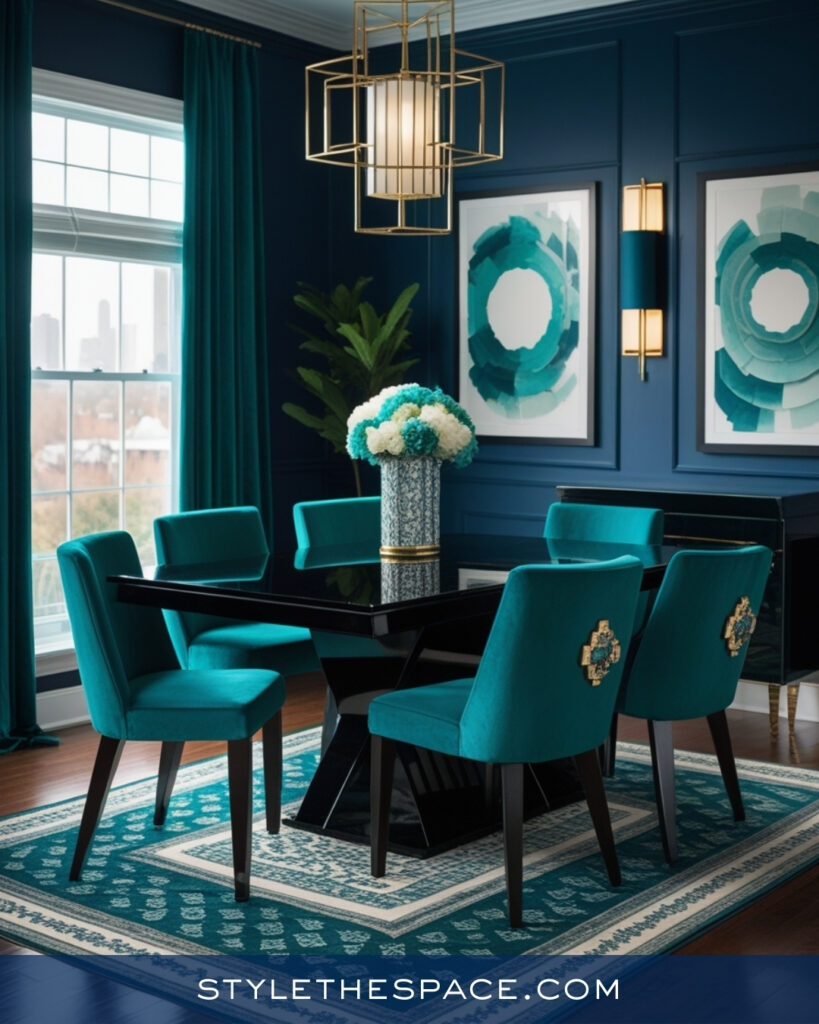 Navy Blue Dining Room with Teal Accents