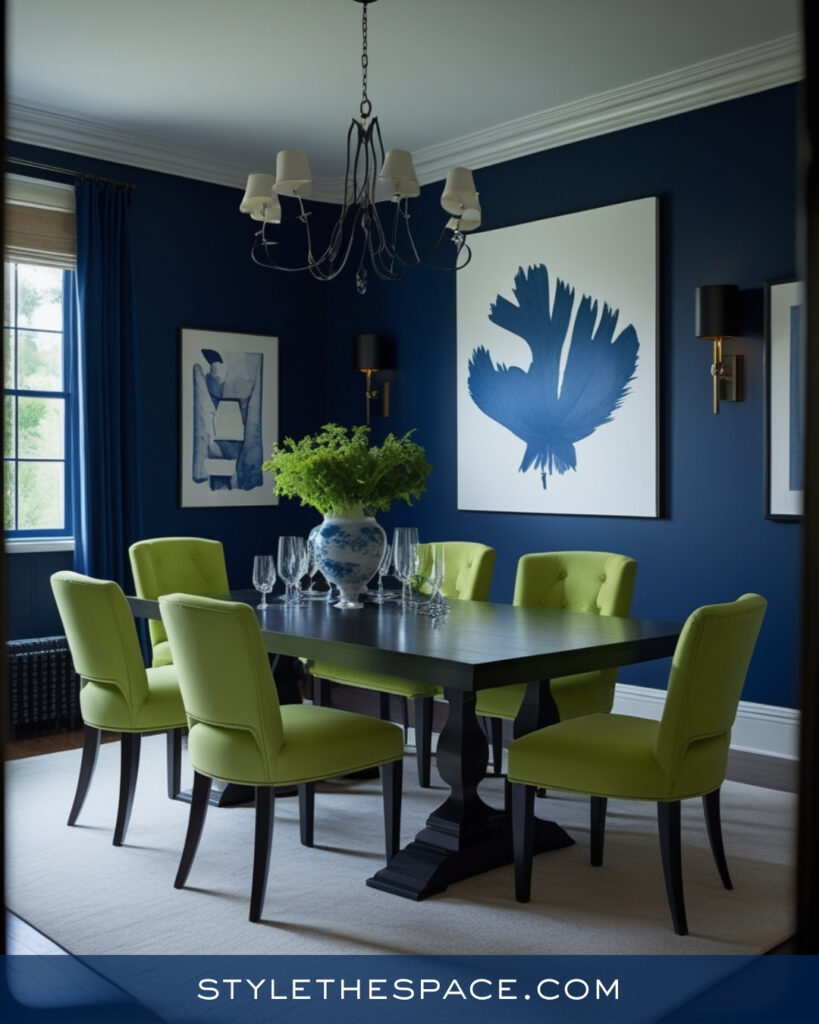 Navy Blue Dining Room with Chartreuse Green Accents
