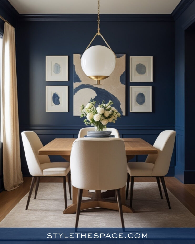 Soft Navy Blue Dining Room with Warm Neutrals