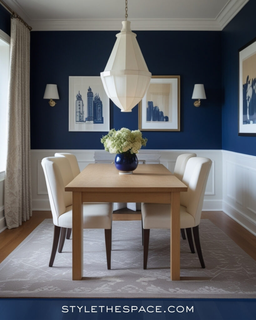 Soft Navy Blue Dining Room with Warm Neutrals