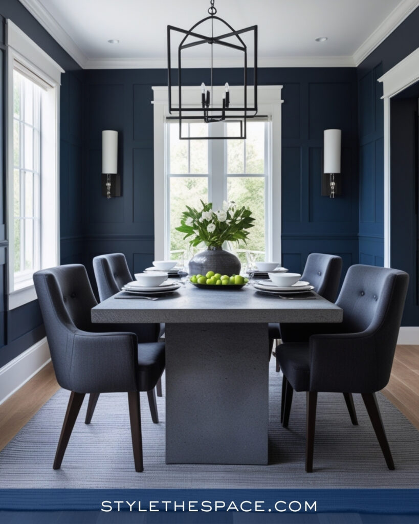 Modern Navy Blue Dining Room with Gray and Black Accents
