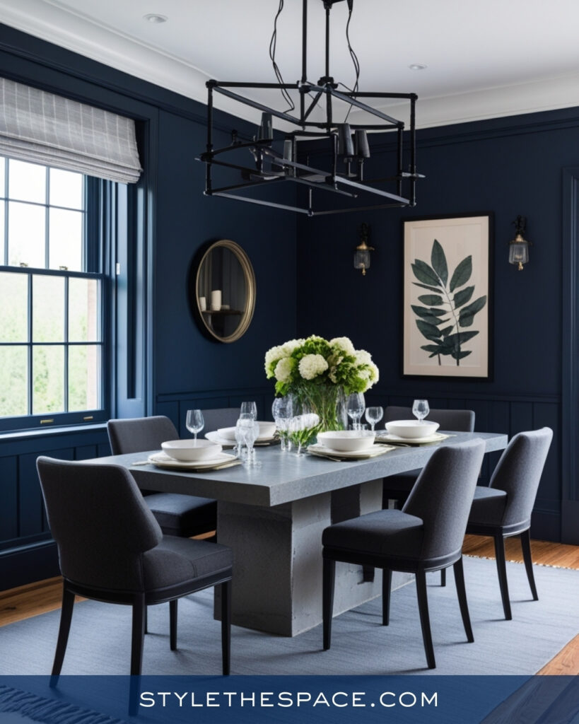 Modern Navy Blue Dining Room with Gray and Black Accents