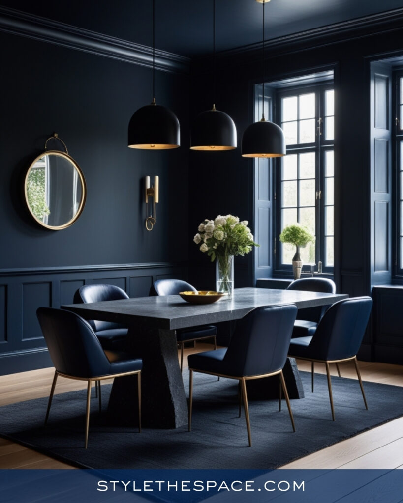 Moody Navy Blue Dining Room with Black and Brass Details
