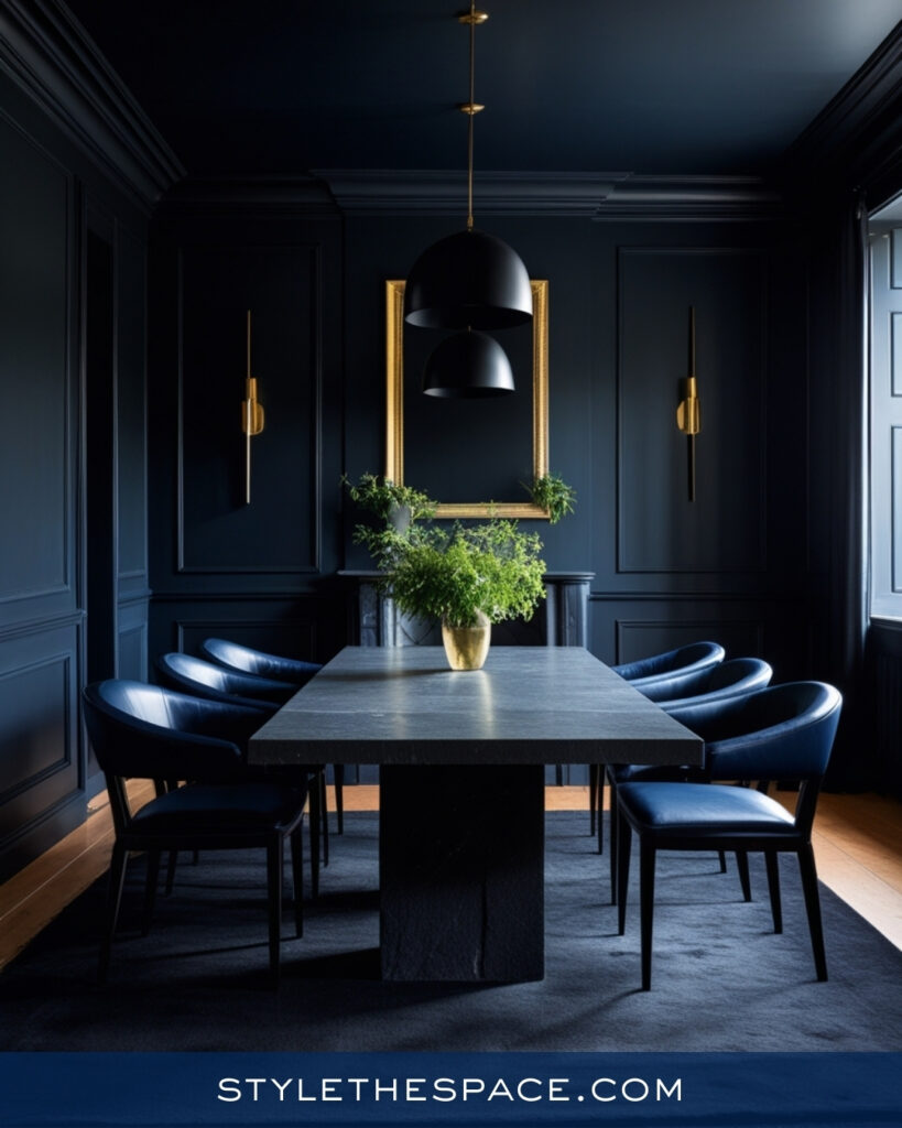 Moody Navy Blue Dining Room with Black and Brass Details