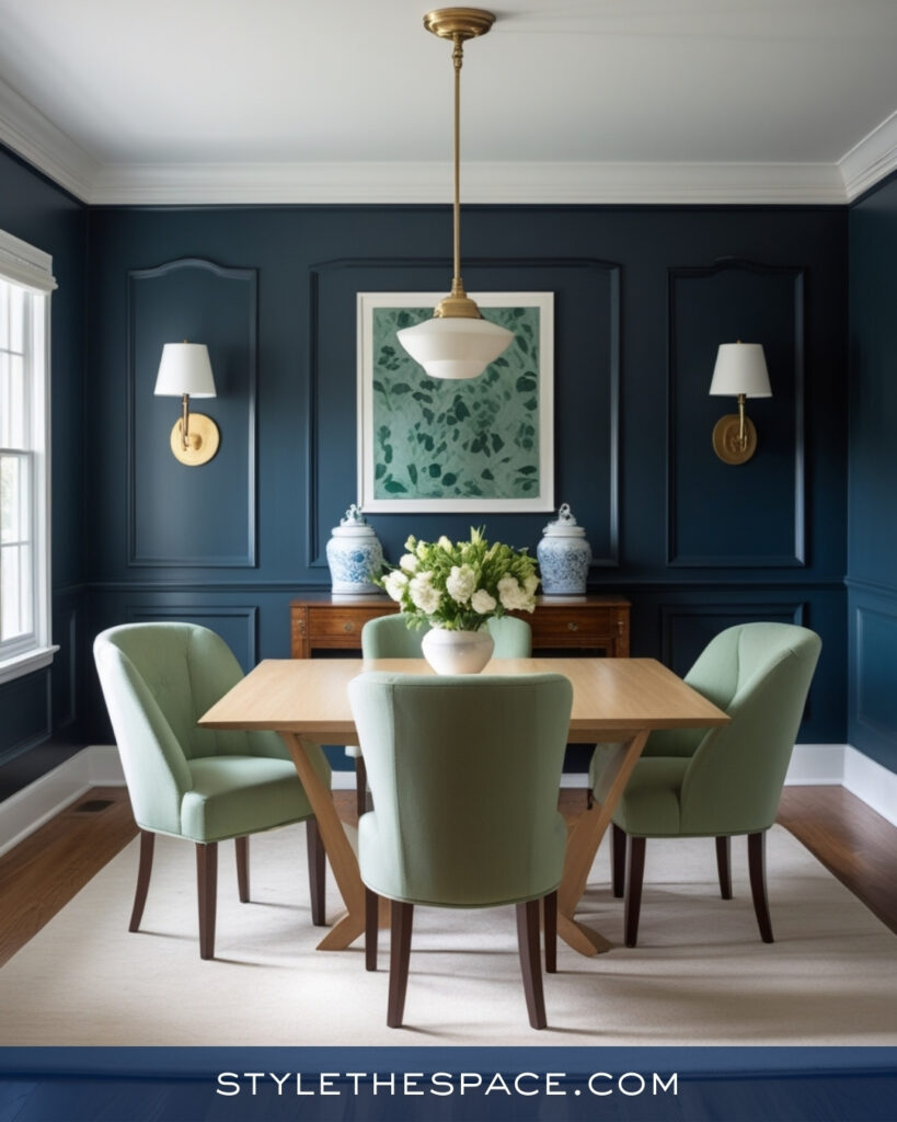 Navy Blue Dining Room with Soft Sage Green Accents
