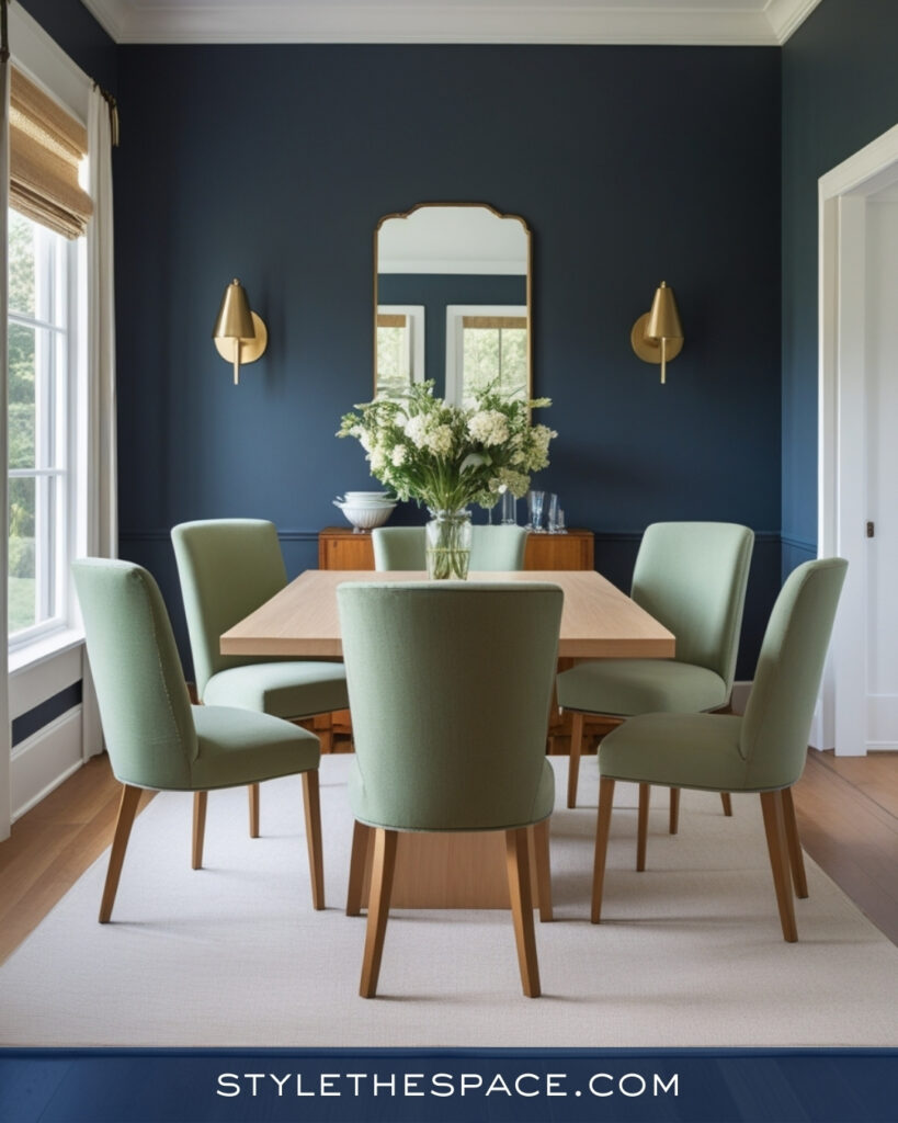 Navy Blue Dining Room with Soft Sage Green Accents