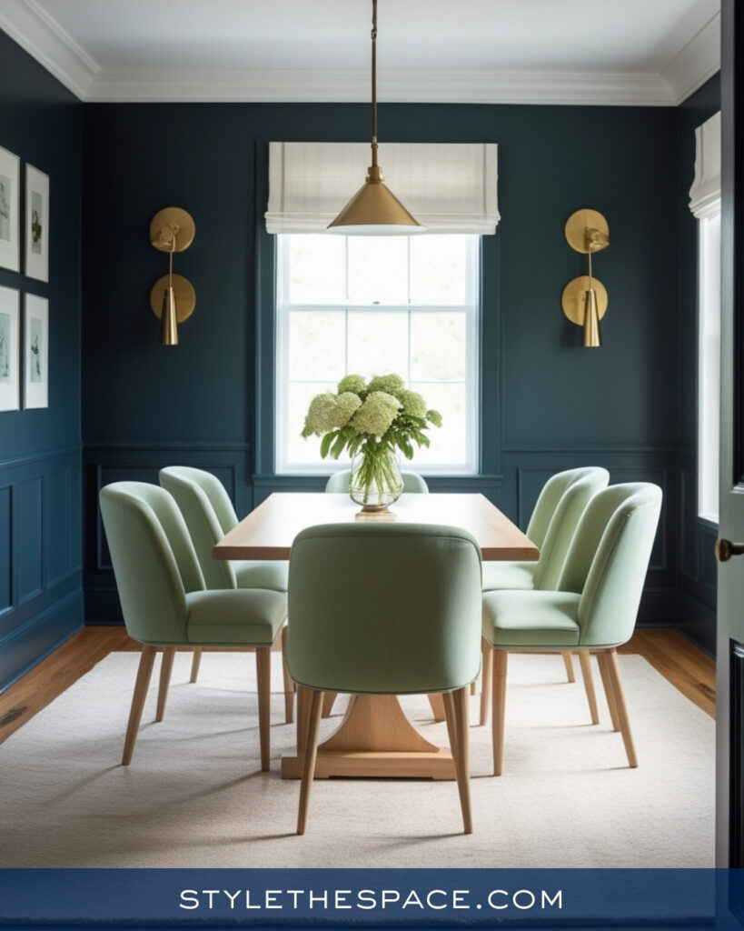 Navy Blue Dining Room with Soft Sage Green Accents