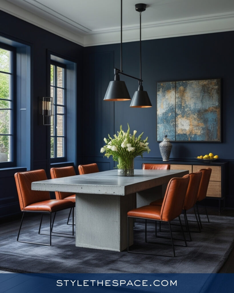 Industrial Navy Blue Dining Room with Warm Leather Accents