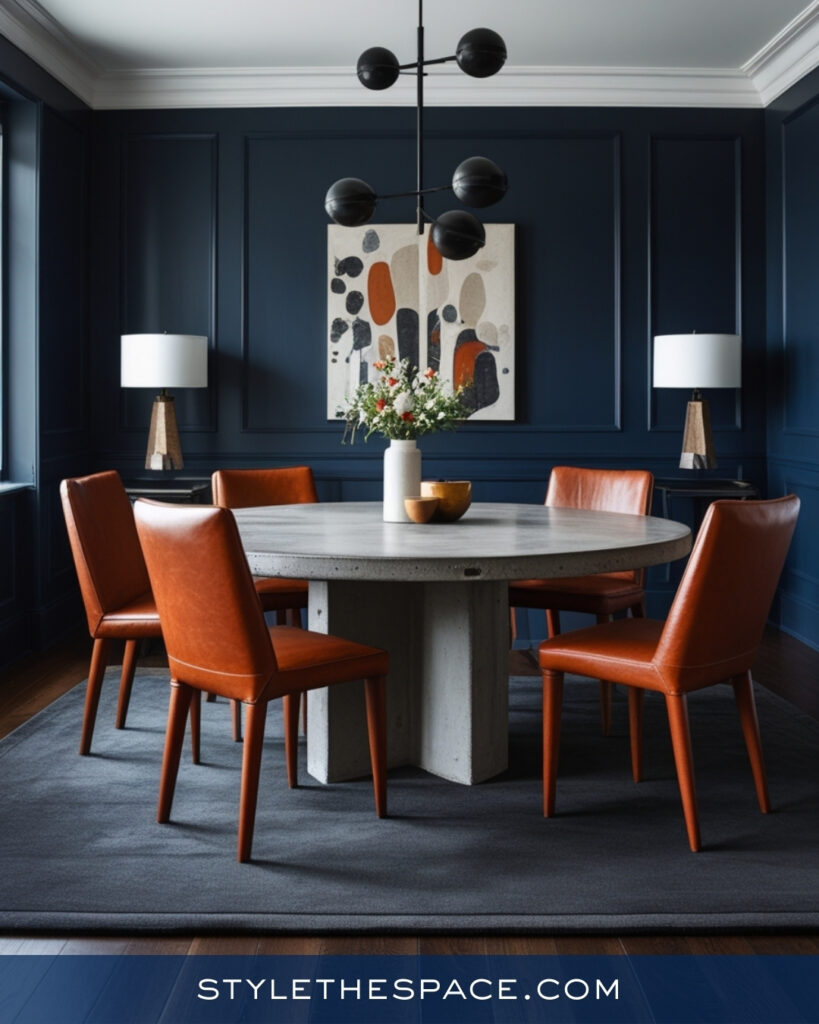 Industrial Navy Blue Dining Room with Warm Leather Accents