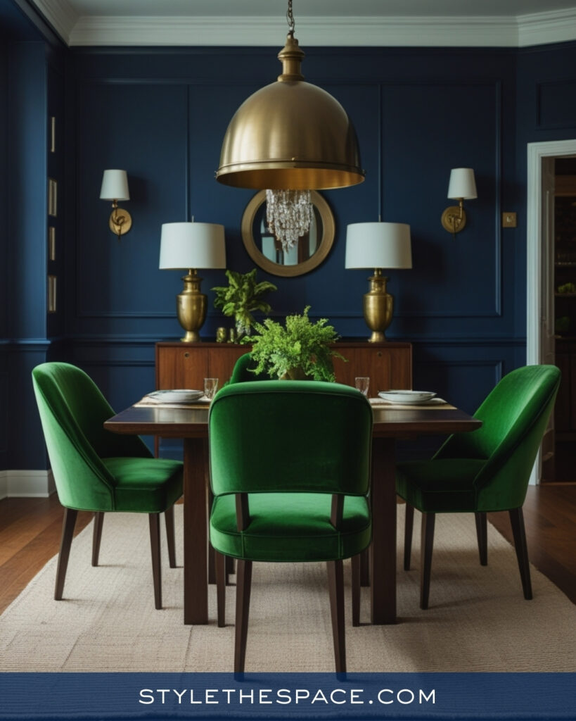 Navy Blue Dining Room with Emerald Green and Brass