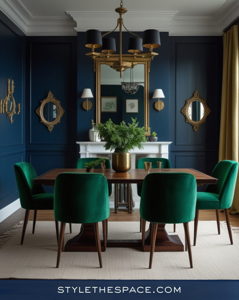 Navy Blue Dining Room with Emerald Green and Brass