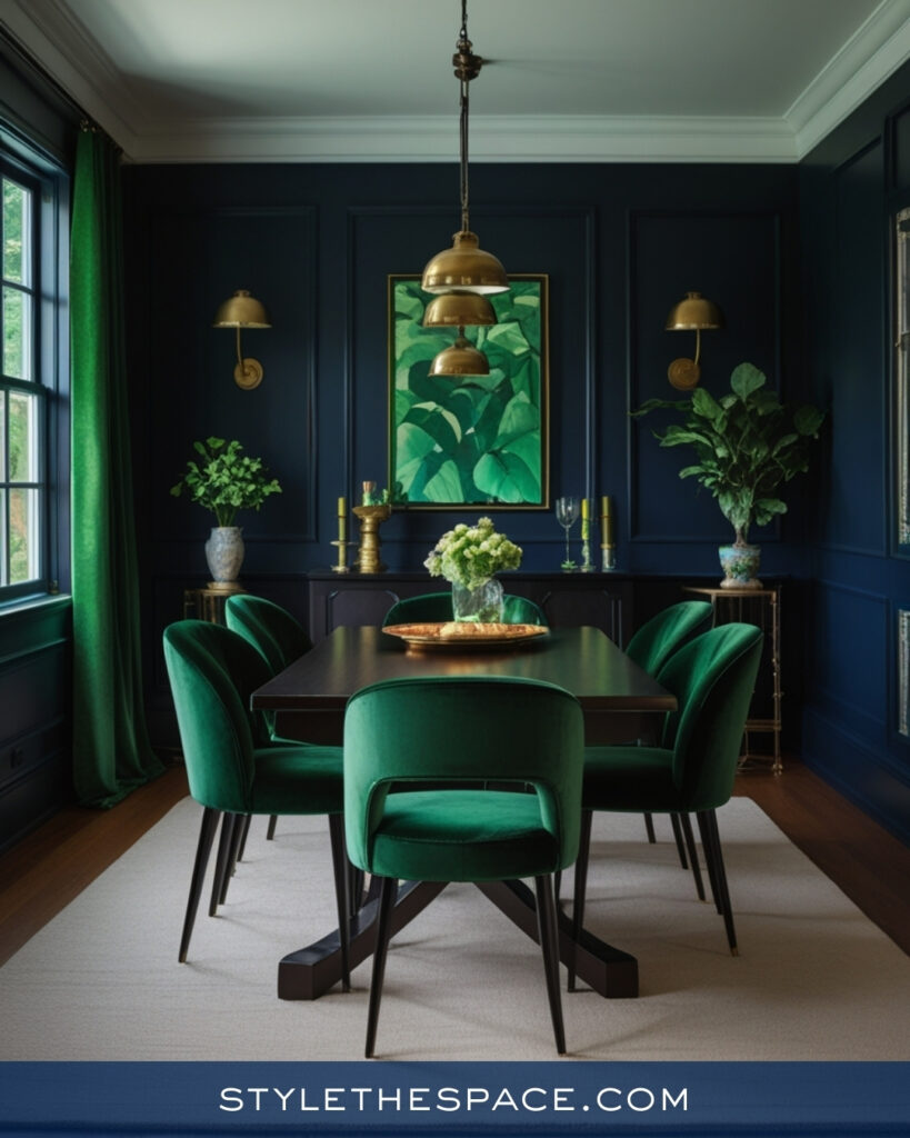 Navy Blue Dining Room with Emerald Green and Brass