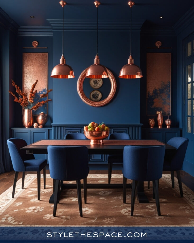 Navy Blue Dining Room with Copper and Warm Brown Accents