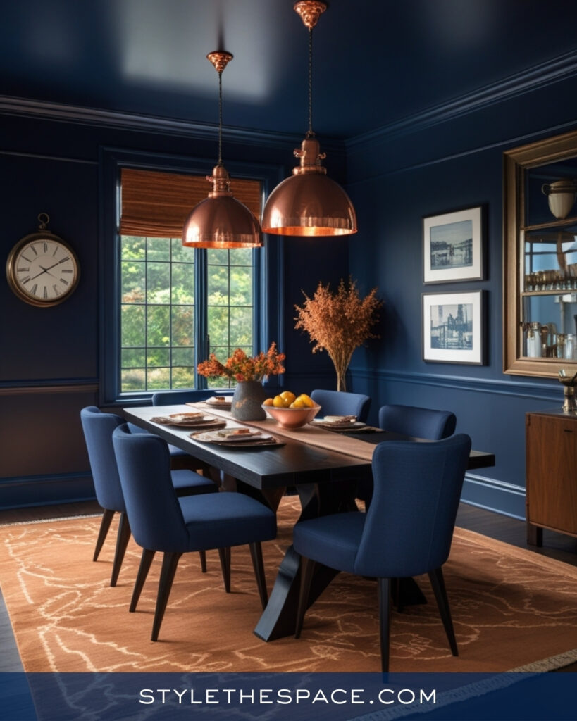 Navy Blue Dining Room with Copper and Warm Brown Accents