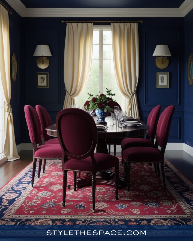 Navy Blue Dining Room with Burgundy and Classic Details