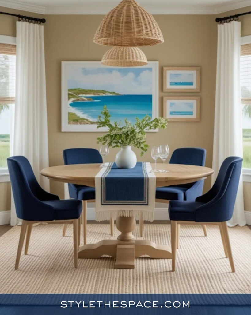 Coastal Navy Blue Dining Room with Warm Neutrals