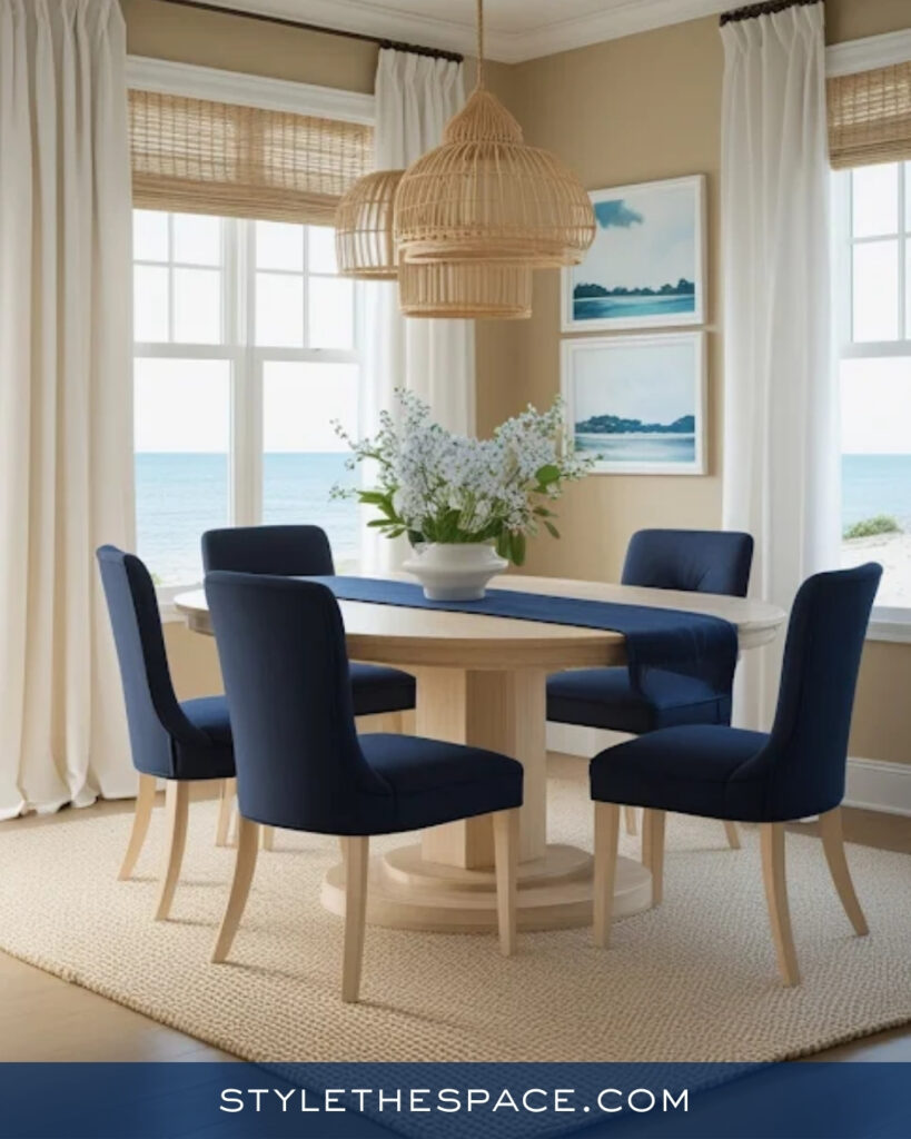 Coastal Navy Blue Dining Room with Warm Neutrals