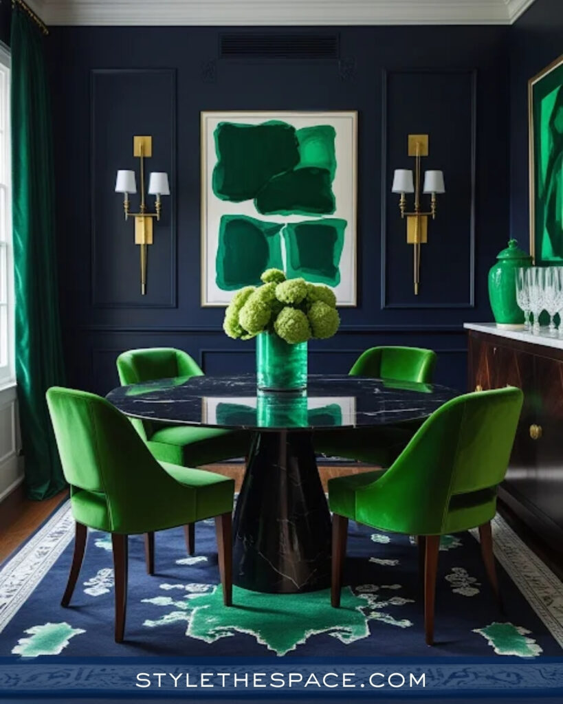 Navy Blue Dining Room with Emerald Green Accents