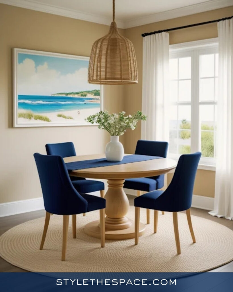 Coastal Navy Blue Dining Room with Warm Neutrals