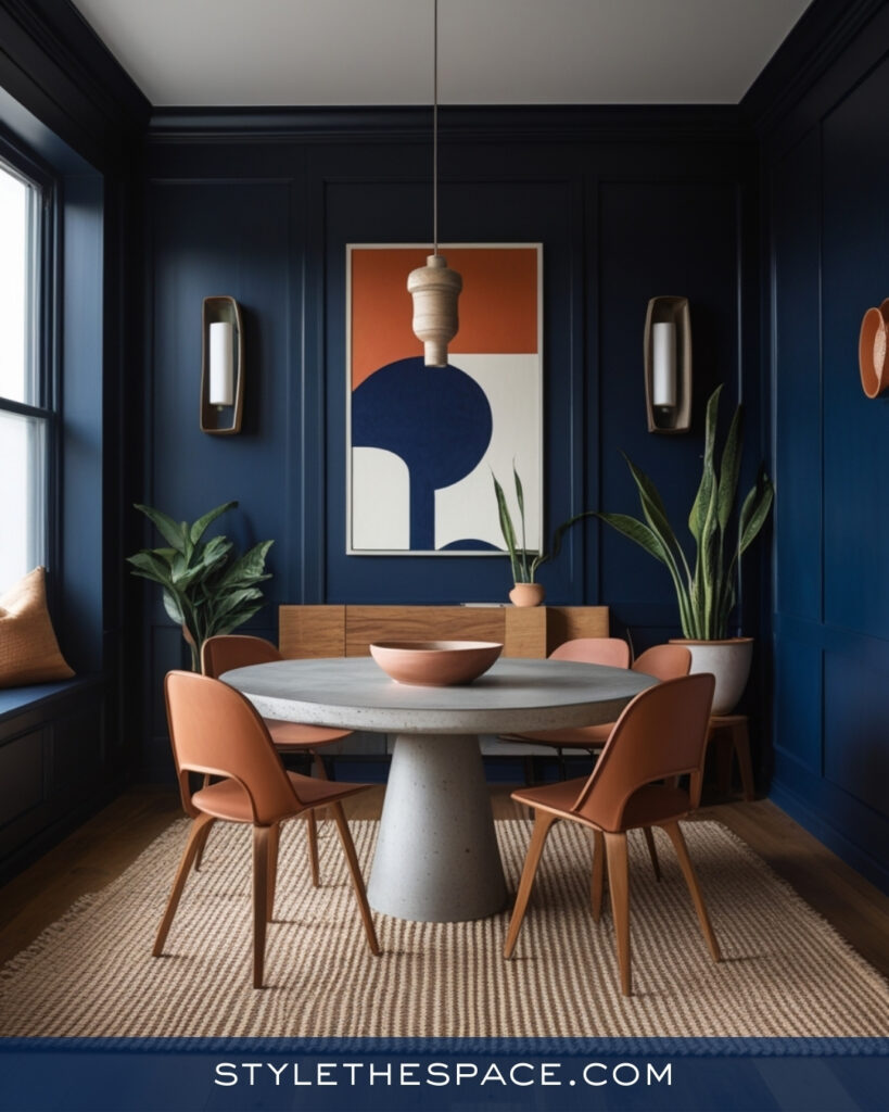 Modern Navy Blue Dining Room with Terracotta Accents