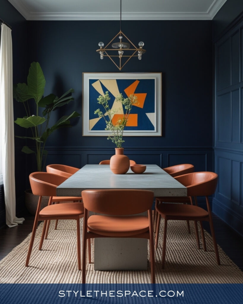 Modern Navy Blue Dining Room with Terracotta Accents