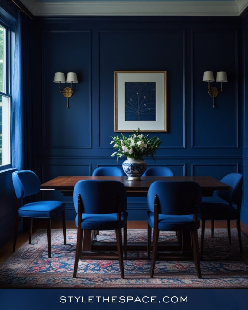 Classic Navy Blue Dining Room with Tonal Blue Layers