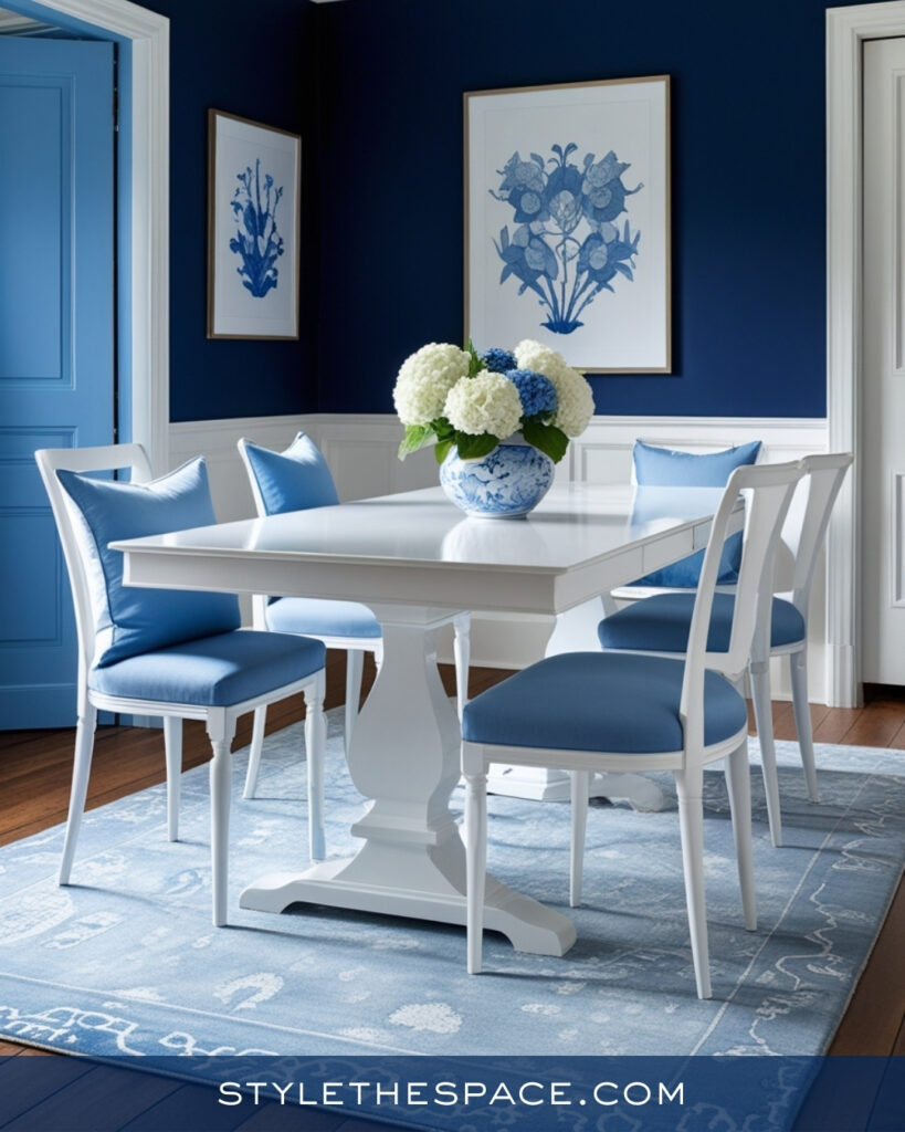 Bright Navy Blue Dining Room with Crisp White Contrast