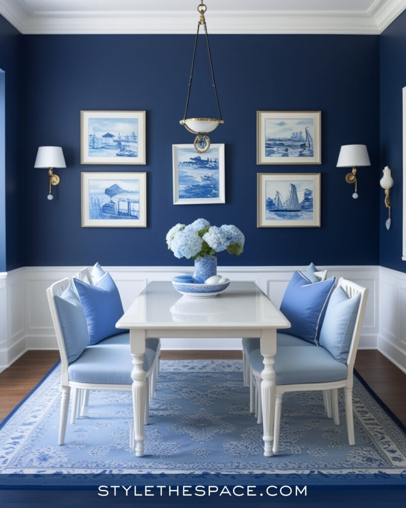 Bright Navy Blue Dining Room with Crisp White Contrast