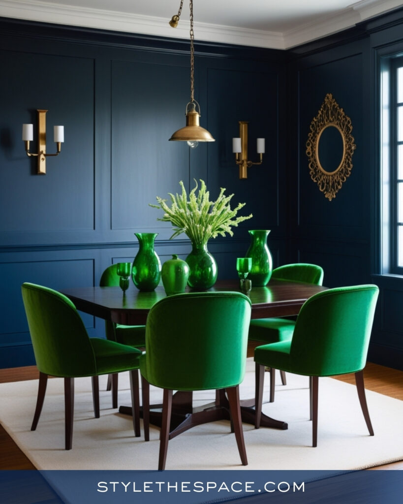 Navy Blue Dining Room with Bold Green Accents