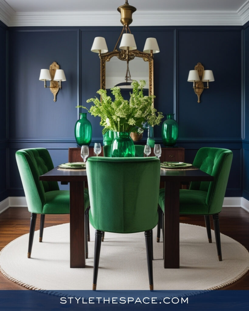 Navy Blue Dining Room with Bold Green Accents