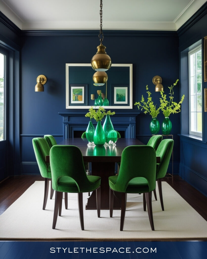 Navy Blue Dining Room with Bold Green Accents