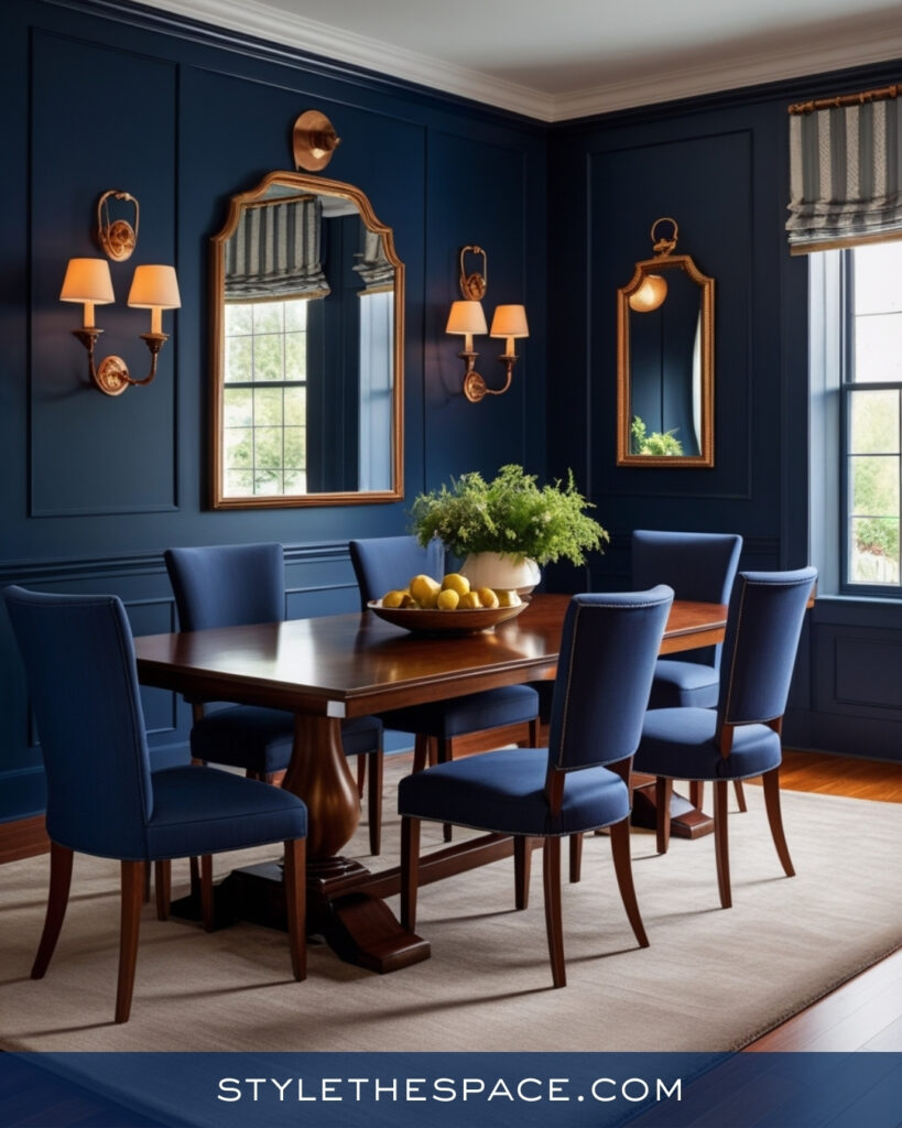Elegant Navy Blue Dining Room with Warm Wood and Brass