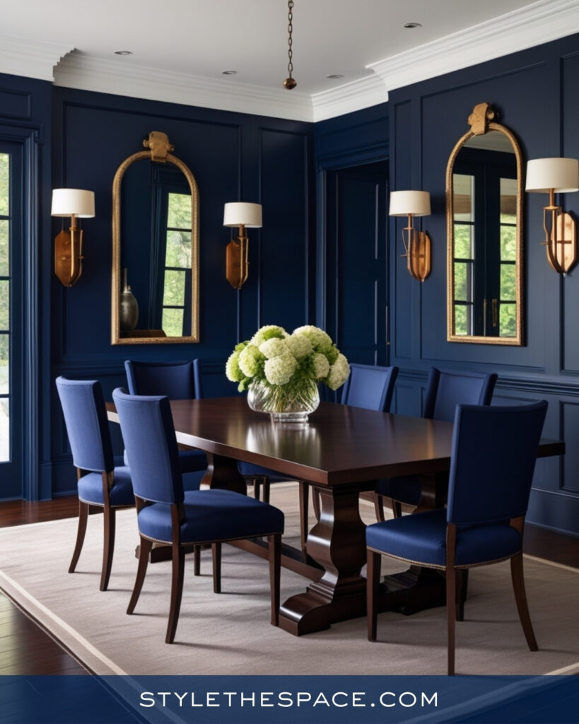 Elegant Navy Blue Dining Room with Warm Wood and Brass