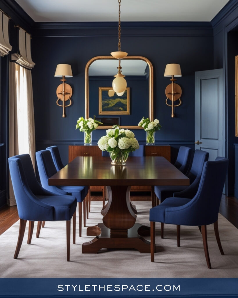 Elegant Navy Blue Dining Room with Warm Wood and Brass