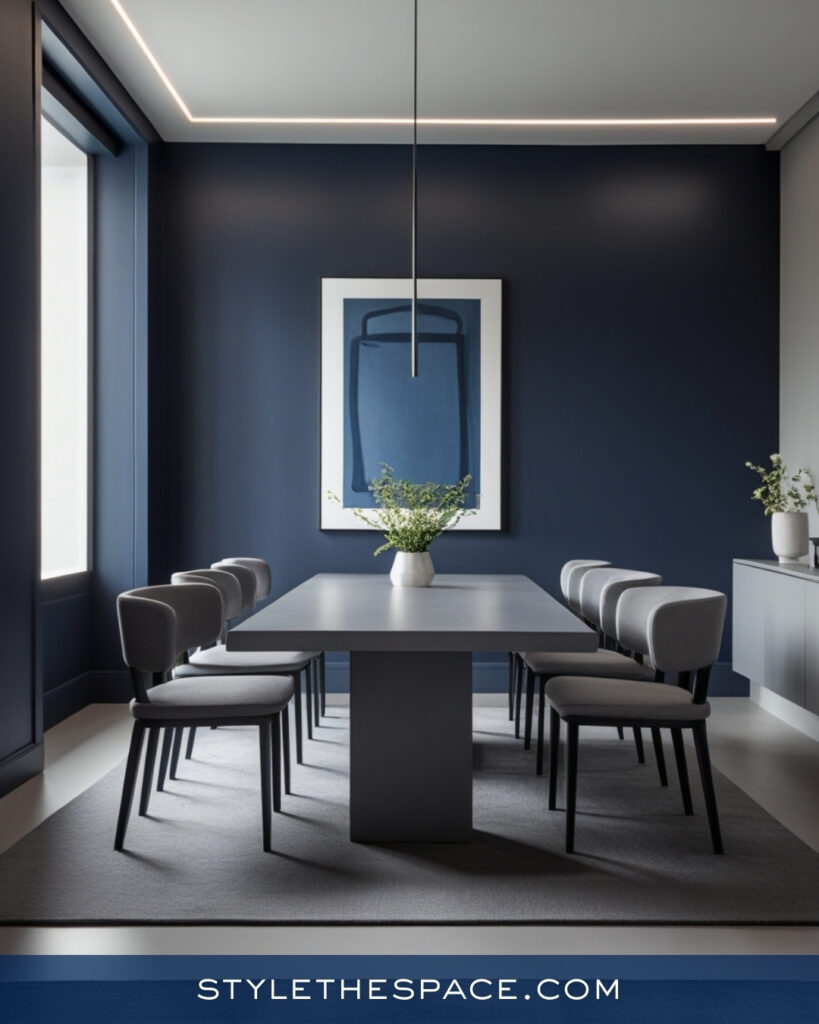 Modern Navy Blue Dining Room with Soft Gray Accents