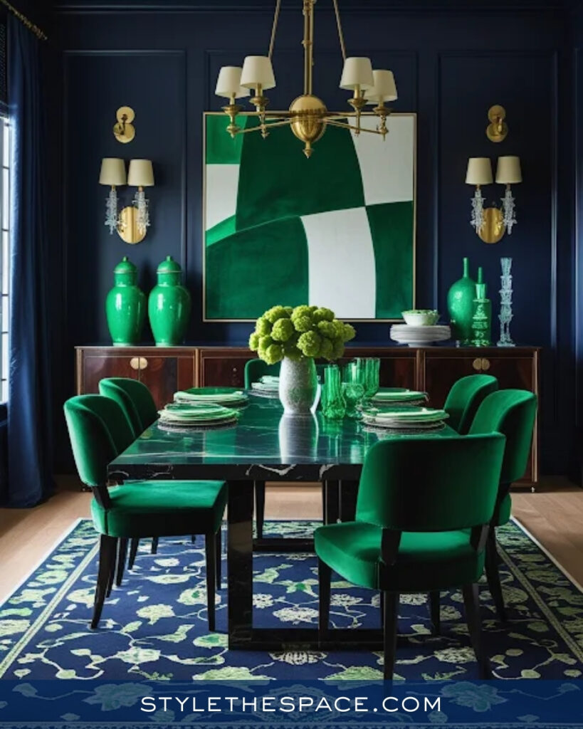 Navy Blue Dining Room with Emerald Green Accents