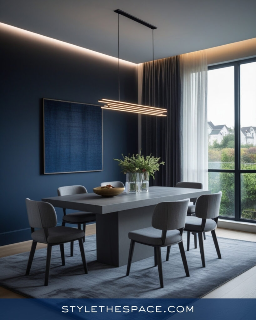 Modern Navy Blue Dining Room with Soft Gray Accents