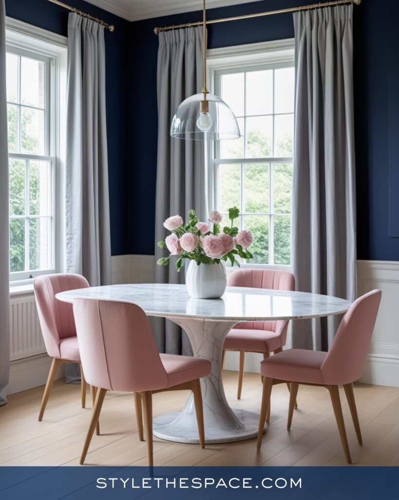 Soft Navy Dining Room with Blush Pink Accents