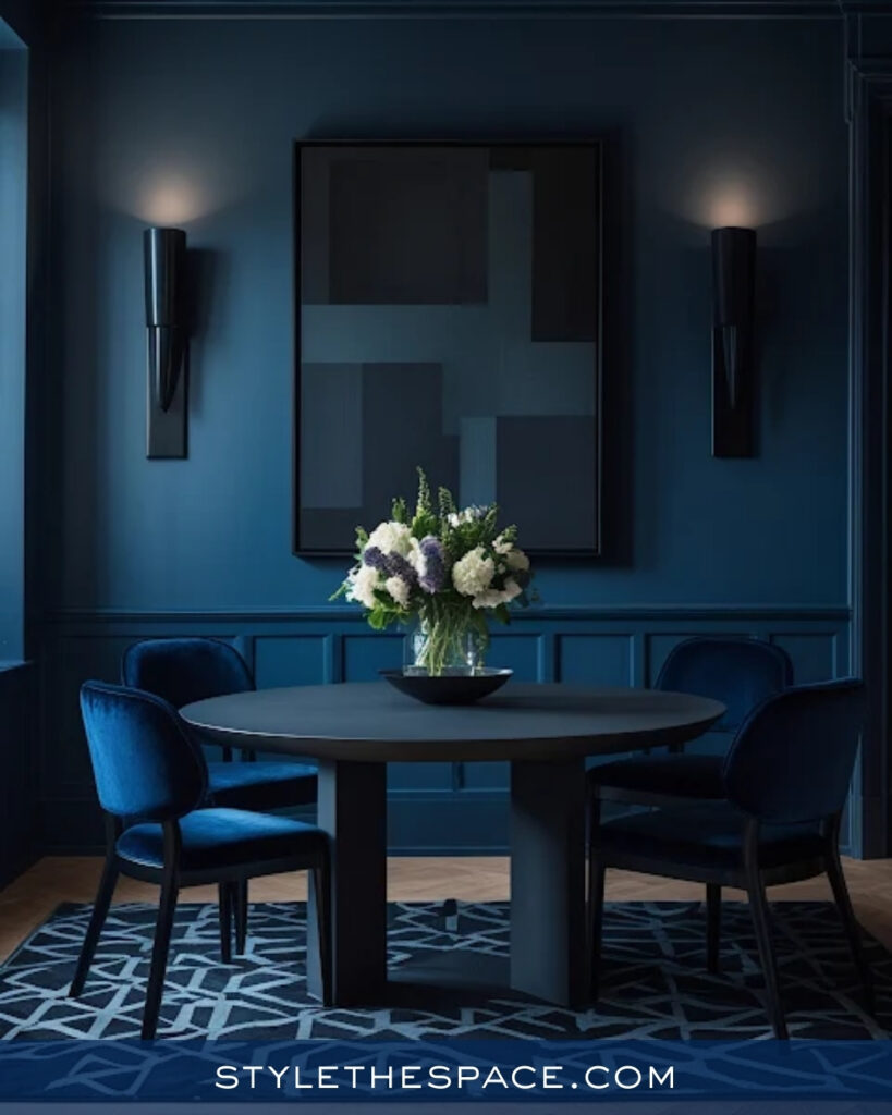 Moody Navy Blue Dining Room with Tonal Blue Layers