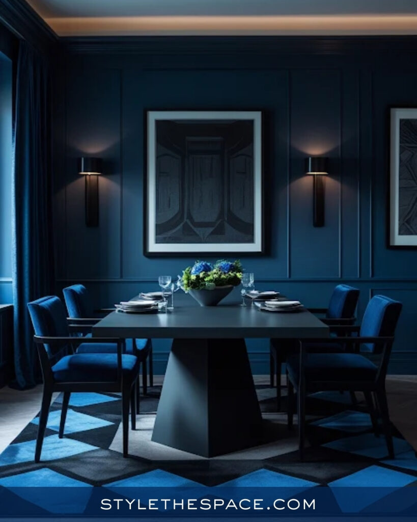 Moody Navy Blue Dining Room with Tonal Blue Layers