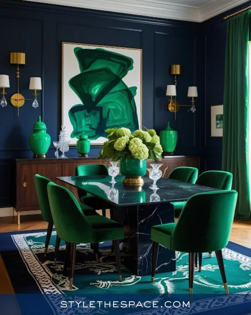 Navy Blue Dining Room with Emerald Green Accents