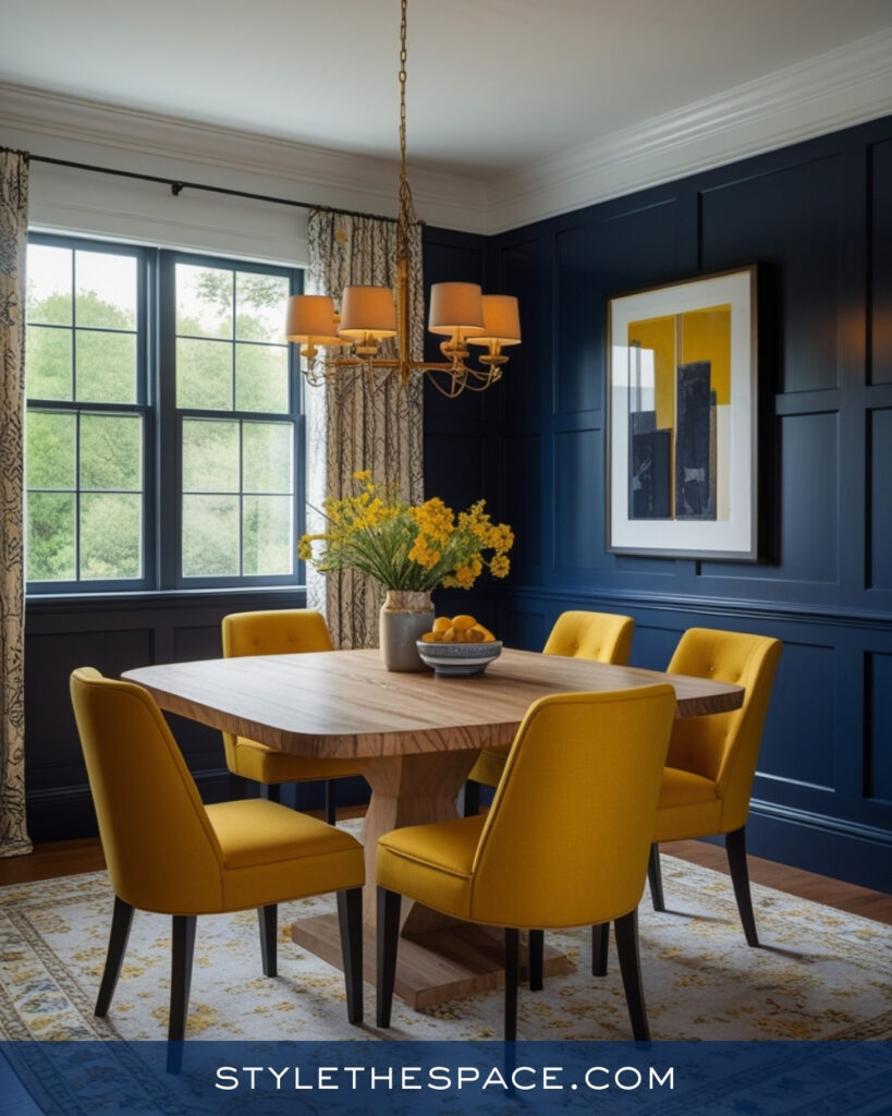 Navy Blue Dining Room with Mustard Yellow Accents