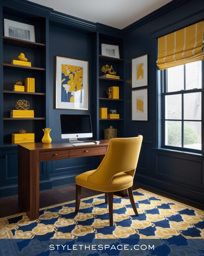 Navy Blue Home Office With Warm Mustard Accents