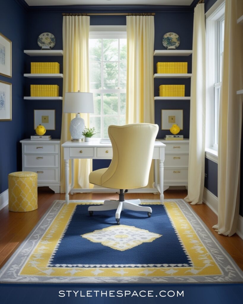 Navy Blue Home Office With Soft Yellow Accents