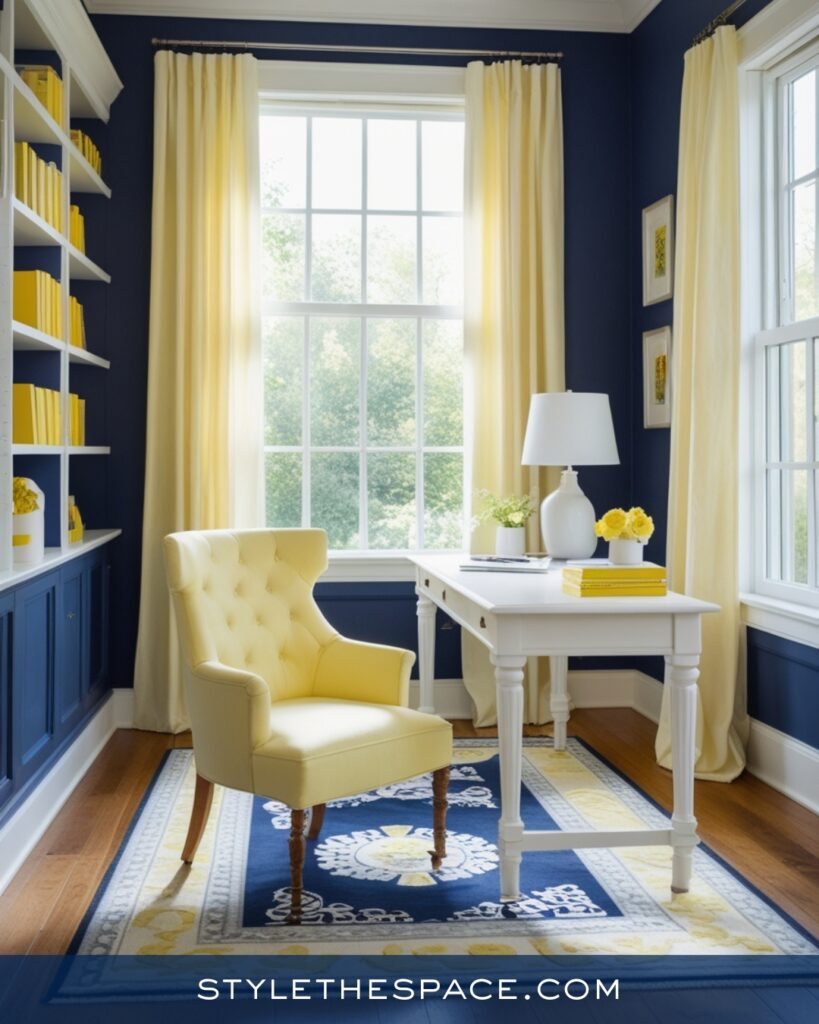 Navy Blue Home Office With Soft Yellow Accents