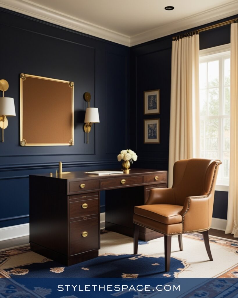 Classic Navy Blue Home Office With Warm Leather Accents